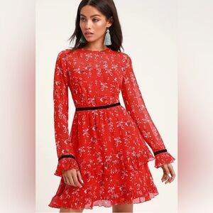 NWT Lulus Floral to See Red Floral Print Long Sleeve Mini Dress Size Small